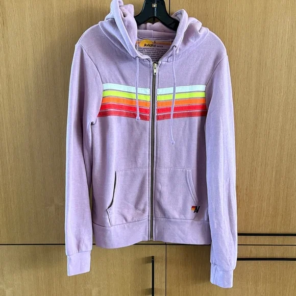 Aviator Nation 5 STRIPE Zip HOODIE Jacket Purple / MAUVE NEON colors Size Small - Picture 2 of 10